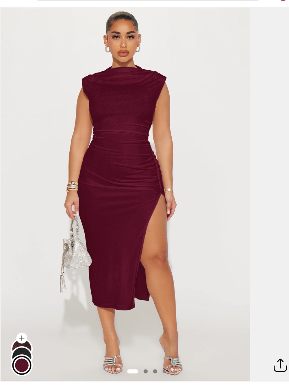 Fashion Nova Wine Ruched Midi Dress with Side Slit BNWT xs